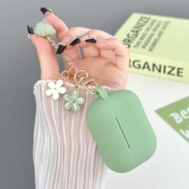 Cute Case for Airpods Pro 2nd/1st Generation Cover for Girl Women with Pom pom Flower Keychain & Cleaner Kit, Soft Silicone Protective Skin for Airpods Pro 2/1 Gen 2019/2023/2022, Green