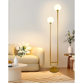 Lightdot 63IN Gold Floor Lamp with U Pole, 2 Globe Mid Century Standing Lamps with Warm White LED Bulbs, Unique Vintage Tall Floor Lamp for Living Room/Wedding/Party
