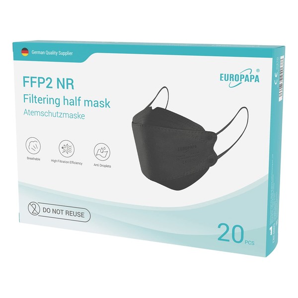 EUROPAPA® 40x FFP2 Fish Shape Black Masks Respirator Dust Masks Hygienic Individually Packed Body Certified EN149 Face Mask EU2016/425 (Black)