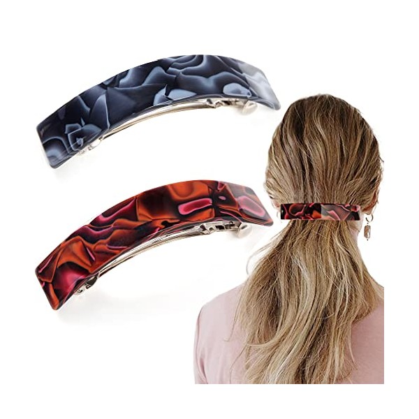 2 Pack French Style Curved Cellulose Acetate Volume Hair Clips Barrettes Rectangle Automatic Clasp For Thick Hair Women