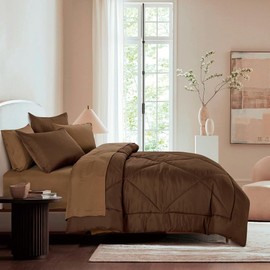 5-Piece Luxury Casual Bed in a Bag Pretty Brown Comforter Set Twin XL Size | Modern Microfiber Material Stitched Solid Color Pattern Full Bedding Set | Ultra Soft Cozy Smooth Plush Versatile Look