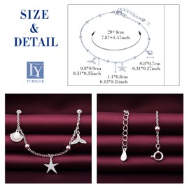 Yumilok Anklet Bracelet with Charms Starfish Pendant Shell Fishtail Length Adjustable Foot Clip Ankle Bracelet for Women Girls, Sterling Silver