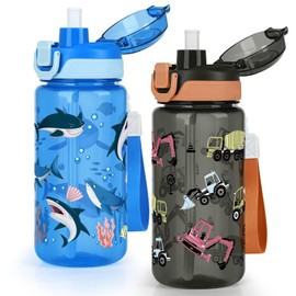 omedecal 20oz Removable Straw Kids Water Bottle, Shark & Excavator