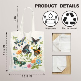 Aesthetic Canvas Tote Bag Gift For Woman - Retro Butterflies & Flower, Inspiring Cotton Tote Bags For Shopping, Grocery, Large Capacity Shoulder Bag, Casual Bag Gift For Women, Book lover- A10