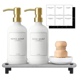 NEECZS Kitchen Soap Dispenser Set with Instant Dry Tray,16 Oz Hand and Dish Soap White Glass Dispenser Set,Stainless Steel Pump,Waterproof Labels&Dish Brush,Luxury Soap Bottle for Kitchen,Bathroom