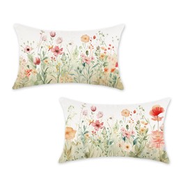 ONWAY Spring Summer Lumbar Pillow Covers 12x20 Inch Set of 2 Floral Colorful Watercolor Flowers Decorations Farmhouse Living Room Outdoor Cushion Case for Sofa Couch Home Bed
