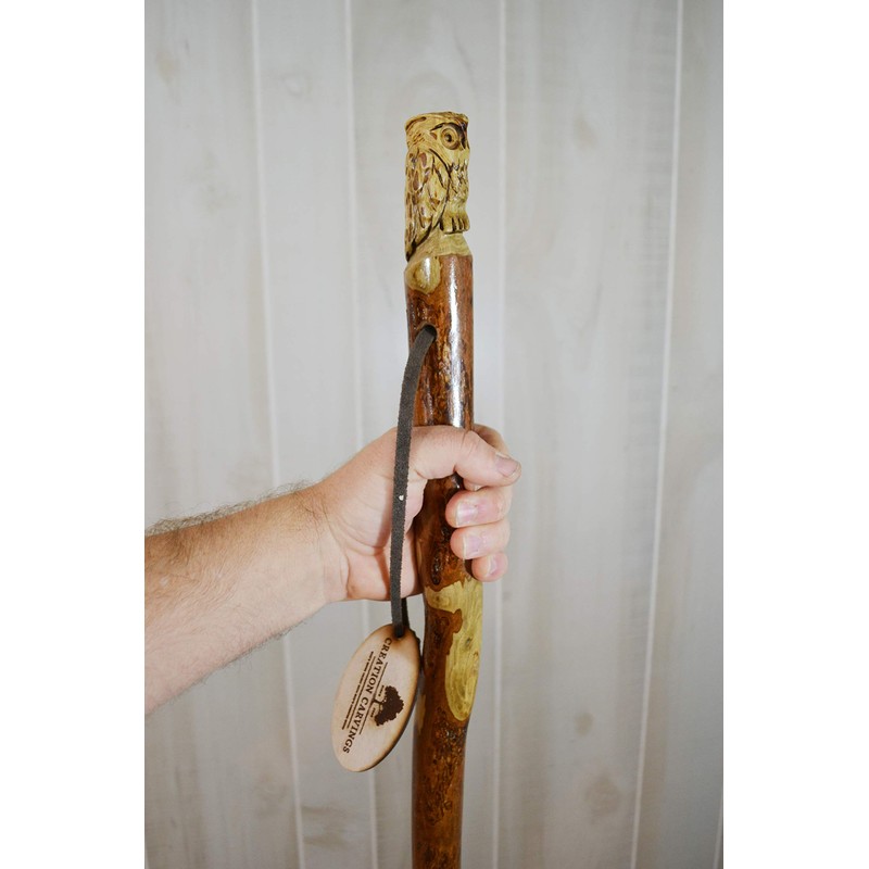 Dark wood Walking Stick with Owl Carving, Hand-Carved - Up