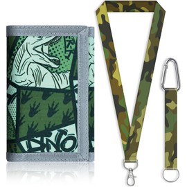 SUNDEE Kids Wallet with Lanyard for Boys and Girls, Tri-Fold Wallet with Keychain and Zip Coin Pocket for Gifts, Original Wallet (Dinosaur Green), 13-Dinosaur Green