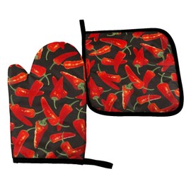 Chili Peppers Chili Oven Mitts and Pot Holders Sets,Heat Resistant Non Slip Kitchen Gloves Hot Pads with Inner Cotton Layer for Cooking BBQ Baking Grilling