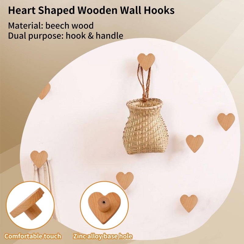 MOROBOR 6PS Heart Shaped Wooden Knobs Single Hole Beech Wood