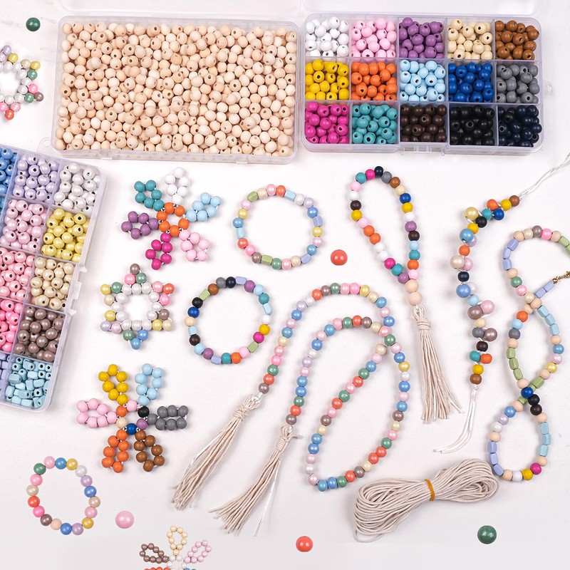 JHWELRG Wooden Beads Colourful for Threading, Natural Round Wooden Beads,
