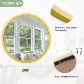 JJUUYOU Round Wall Mirror 20", Hanging Circle Mirror Round Yellow Mirror for Bathroom Wooden Farmhouse Frame Mirror for Bedroom, Living Room or Entryway Wall Decorative