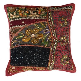 Rastogi Handicrafts Decorative Throw Pillow Cases, Embroidered Cotton Cushion Cover Patchwork Pillow,Indian Traditional Handmade Cushion Cover (BROWN)