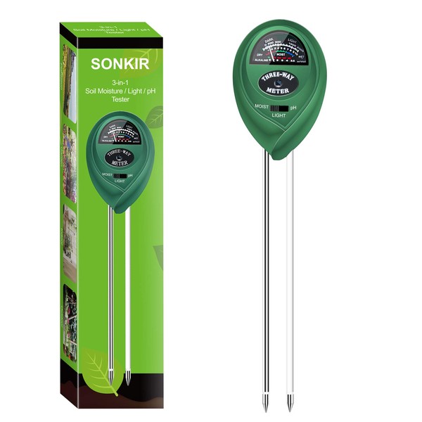 SONKIR Soil pH Meter, MS01 3-in-1 Soil Moisture/Light/pH Tester Gardening Tool Kits for Plant Care, Great for Garden, Lawn, Farm, Indoor & Outdoor Use