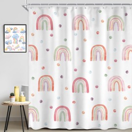 Ufeela Boho Rainbow Shower Curtain 72Wx84L Inch Extra Long Kids Girls Shower Curtain, Cute Pink Polka Dot Shower Curtain Bathroom Set Girls Children Pastel Bath Curtain Bathtub Accessories Home Decor
