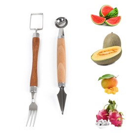 2-in-1 Stainless Steel Watermelon Cutter Slicer & Forks,Fruit Scoop,Dual Head Melon Slicer Knife with Wooden Handle for Kitchen, Camping, Party (2 Pcs)