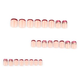 LPOODDNU Red French Tip Flower Press on Nails Short Square Glossy Fake Nails Spring Stick on Nails Full Cover Small Flowers False Nails Acrylic Glue on Nails Floral Artificial Nails for Women 24Pcs