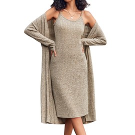 Ekouaer Womens Knit Robe Set 2 Piece Nightgown with Robes Long Sleeves Lounge Sets with Pockets Camel Medium