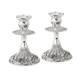 Silver Plated Candlesticks - 2 Pack Set - Pair of 5 Inch Ornate Candle Holders with Round Base and Floral Design
