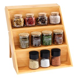 VERTORGAN 3 Tier Bamboo Spice Rack,Cabinet Organizer for Countertop and Drawer,Foldable Standing Display Shelf for Kitchen(Spice Jars Not Included)