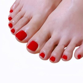 YOMCI Press on Toenails Square Fake Toenails for Big Toe Glue On Toenails Artificial Feet Toenails Kit Full Cover Stick On Toe Nails for Women Red Toe Nails 24Pcs (Red)