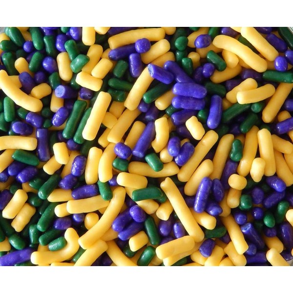 NCS Mardi Gras Purple, Yellow, and Green Jimmies Edible Sprinkles - 4 oz - Packaged in a food approved heat sealed bag