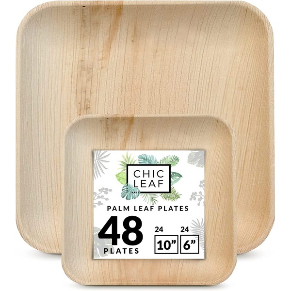 Chic Leaf Palm Leaf Plates Disposable Bamboo Plates Like 10 Inch and 6 Inch Square Party Pack (48 Pk) - 100% Compostable and Biodegradable - Better than Wood Plates - Weddings and Parties