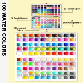POTTREATIVE Watercolour Paint Set 100 Colours with Portable Case Non-Toxic Watercolour Set Includes Drawing Pen, Brush and Pen for Artists and Hobbyists