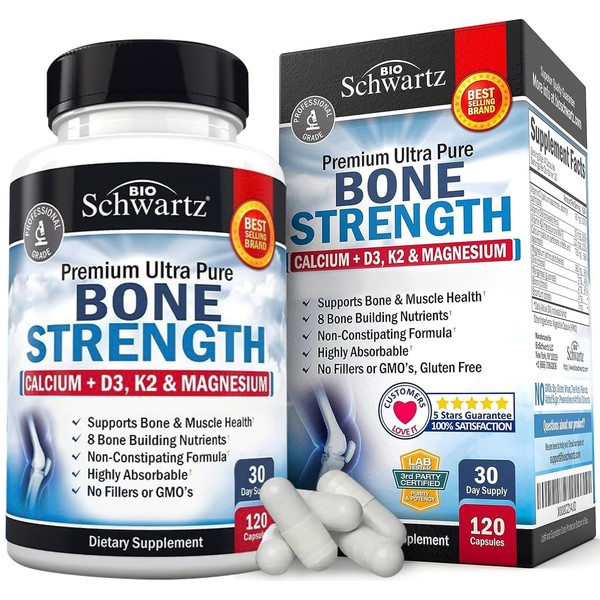 Bone Strength Supplement with Calcium + D3, K2 & Magnesium - Highly Absorbable Vitamin Blend for Bone & Muscle Support - Non-Constipating Formula - 8 Bone Building Nutrients - 120 Veggie Capsules