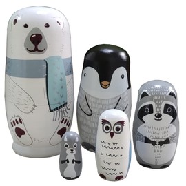Oostifun Gobus Wooden Nesting Doll Russian Nesting Dolls Sets for Home Office Decoration Small things key collection Children Gifts (Animals in Winter Polar bear Penguin)