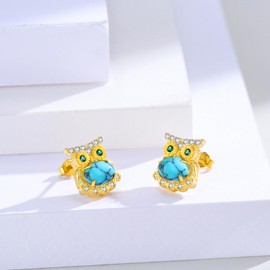 ABIGY Owl Stud Earrings Gold 925 Sterling Silver Owl Earrings Turquoise Earrings Animal Jewellery for Women, Sterling Silver, Turquoise