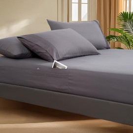 Popfavor Deep Pocket Twin Fitted Sheet with Straps - Fits Mattresses Up to 21" Thick - 2 PCS Bed Sheets - Moisture Wicking, Cooling & Soft Fitted Sheet & Pillow Cases (Grey)