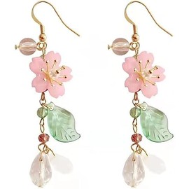 Pink Flower Dangle Earrings Cherry Blossoms Earrings Pearl Leaf Sakura Floral Drop Earrings Butterfly Fairy Leaf Petal Long Drop Earrings Floral Tassel Earrings for Women Summer Accessories