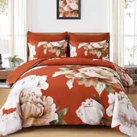 Dobuyly Burnt Orange Comforter Set King Size 7 Piece Bed in a Bag, Floral Printed on Terracotta Comforter Set with Sheets, Soft Microfiber Botanical Fall Bedding Set for All Season