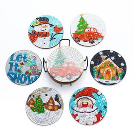 WOWDECOR DIY Diamond Art Coasters to Make Set of 6 with Holder, 5D Snowman Christmas Diamond Painting Coasters Kits Crystal Art Coaster for Car Cups Drinks Home Bar