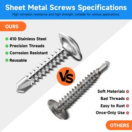 Marysino 200Pcs #10 x 1-1/4" Self Tapping Screws for Metal, 410 Stainless Steel, Sheet Metal Screws for Metal, Self Drilling Screws, Truss Head High-Strength Quick Tapping