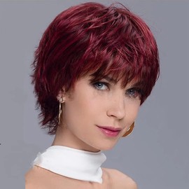 Burgundy Short Wigs for Women, Puffy Classic Design Burgundy Pixie Cut Wigs with Bangs, Heat Resistant Fibers Are Not Easy To Deform Burgundy Short Cut Wigs Are Suitable for Women's Daily Use Wigs