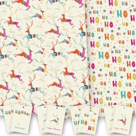 Christmas Wrapping Paper. 8 XL Sheets (50 x 70cm). Deer & HoHoHo designs. Gift Wrap Twin design pack with matching Tags. Cutting grid on reverse.