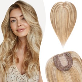 Silk-co 18inch Hair Topper for Thinning Hair Women Clip in Real Remy Human Hair Extensions Top Piece Base Size 10 * 12cm Silk+Lace Base (#12P613 Golden Brown&Bleach Blonde)