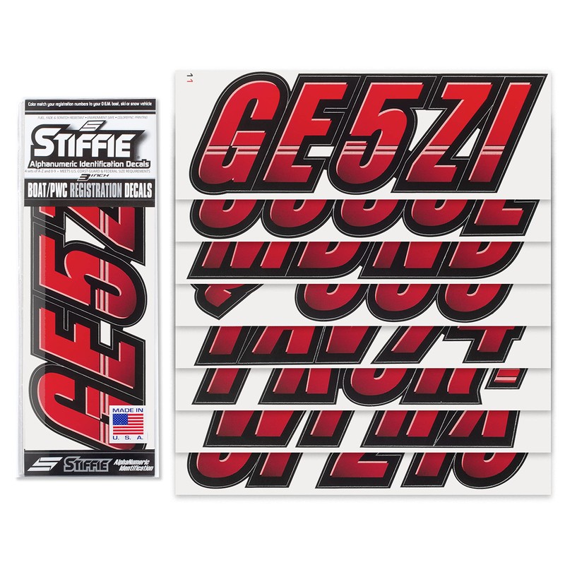STIFFIE Techtron Red/Black 3" Alpha-Numeric Registration Identification Numbers Stickers Decals
