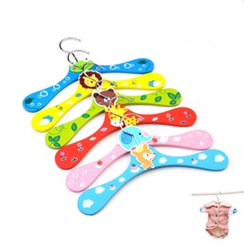 Pack of 6 Children's Wooden Clothes Hangers, Cartoon Baby Hangers, Animal Motifs, Colourful Clothes Hangers, Giraffe, Bear, Frog, Elephant, Lion and Fox, Non-Slip, Space-Saving Hangers, 28 cm x 16 cm