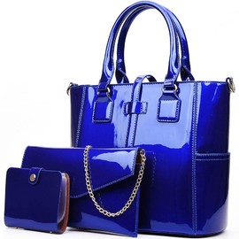 XingChen 3-PC Patent Women Handbag+Crossbody Bag+Card Bag Shiny Faux Leather Top Handle Satchel Shoulder Tote Bag Purses(Blue)
