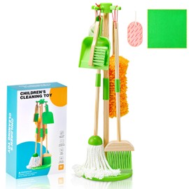 WHOHOLL Kid Cleaning Set, Wooden Toddler Broom Set for Housekeeping, 8 Pcs Kids Broom and Mop Set for Toddlers, Baby Cleaning Toys with Dustpan Sponge, Play Set for Boys and Girls (Green)