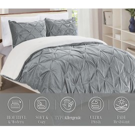 Elegant Comfort 3-Piece Set Pinch Pleated Sherpa Comforter Reversible Down Alternative Luxurious, Breathable, Cozy Fabric, Pinch Pleated Sherpa Comforter, California King, Silver Gray