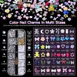 CharmeFleur 3D Nail Charm Set Coloured Flower Bow Moon Heart Star Nail Design Charms Semicircular Beads and Flat Stones AB Hollow Butterfly Alloy Nail Design