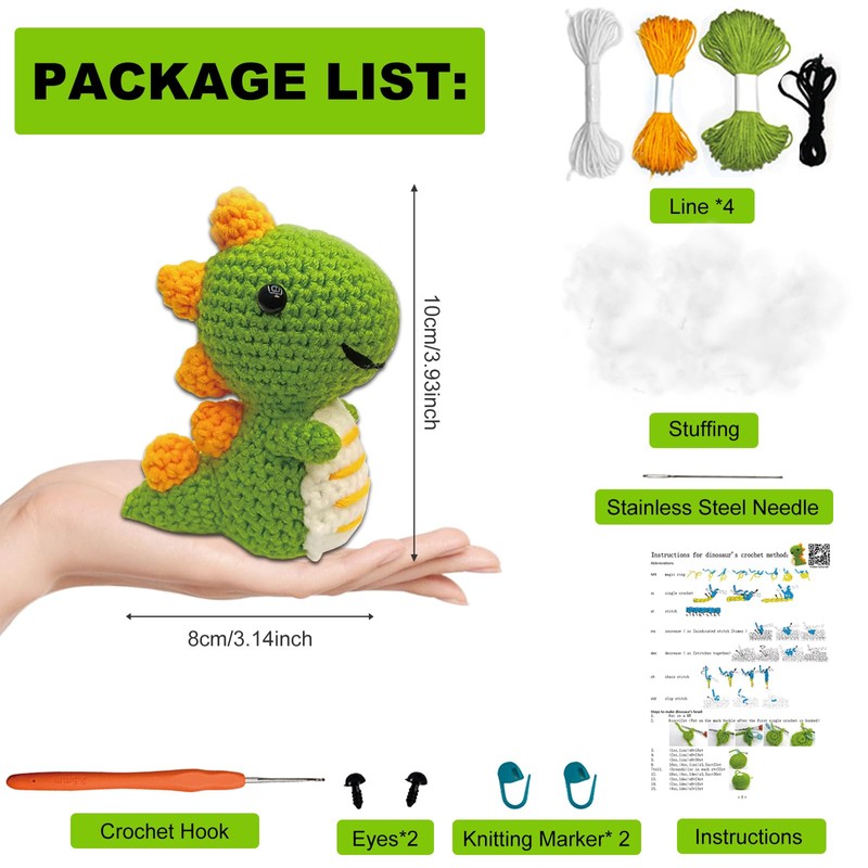 Jodsen Knitting Set with Crochet Hooks, Cute Dinosaur Crochet Set