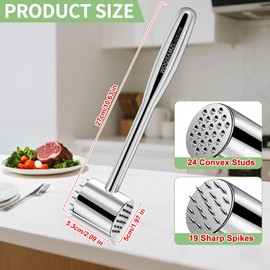 2-in-1 Heavy Duty Meat Tenderizer Hammer,Real 316L Stainless Steel Meat Mallet,Dual-sided with Sharp Spikes and Convex Studs,Well-balanced 1.09lb Meat Hammer,Versatile Kitchen Tool,Dishwasher Safe