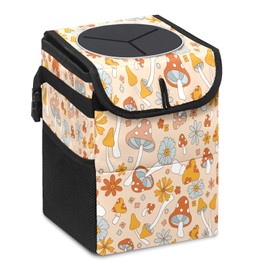 SAVHOQIR Car Trash Can Cute Boho Retro Floral Mushrooms Small Auto Garbage Bag with Lid Hanging Front Seat Car Accessories Leakproof Collapsible Trash Cantainer for SUV Sedan Truck