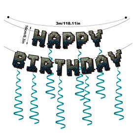 SAVITA Pixel Themed Happy Birthday Banner, Pre-Strung Birthday Banner Photo Background Ideal Pixel Video Game Themed Party Favors and Boys Decoration Supplies