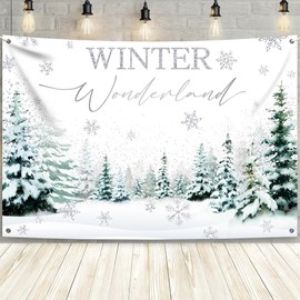 MEHOFOND 7x5ft Winter Wonderland Backdrop Winter Silver Snowflakes Baby Shower Decorations Banner Winter Wonderland Snow Pine Forest Birthday Background Party Banner Decor Photo Booth Props